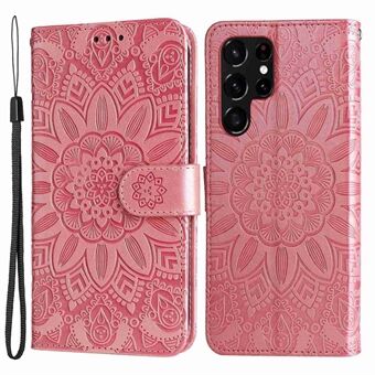 Samsung Galaxy S22 Ultra 5G Auringonkukka painatuksella lompakkopuhelinkotelolle PU-nahkainen rannehihna Stand Flip Cover