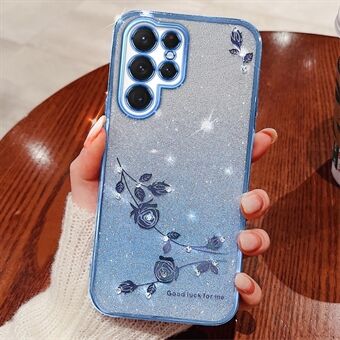 Samsung Galaxy S22 Ultra 5G Anti-Shock Glitter Powder Joustava TPU-matkapuhelimen kansi kukkakuvioinen sisustus tekojalokivi puhelinkuoren kuori