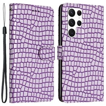 Samsung Galaxy S22 Ultra 5G -nahkakuori Crocodile Texture Stand lompakkopuhelinkotelo ja käsihihna