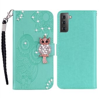 Owl Flower -kuvioinen design PU-nahkainen lompakkotelineen Stand tekojalokivikoristeella ja hihnalla Samsung Galaxy S22 5G:lle