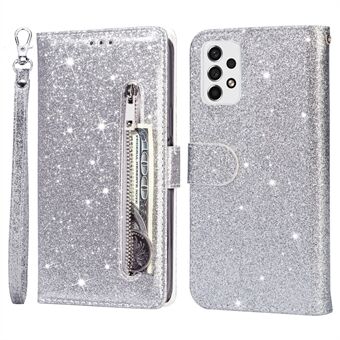 Samsung Galaxy A33 5G Glittery PU Nahkakotelo Stand Design Vetoketjullinen Tasku puhelimen kuori hihnalla