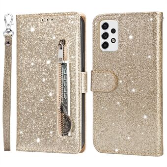 Samsung Galaxy A33 5G Glittery PU Nahkakotelo Stand Design Vetoketjullinen Tasku Puhelinkuori hihnalla