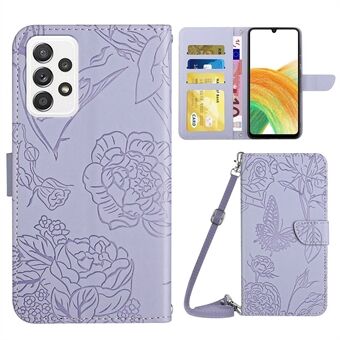 Samsung Galaxy A33 5G Butterfly Flowers painatus PU-nahkainen puhelimen kuori, kuviopainatus Design Lompakko Vaakasuora Stand olkahihnalla