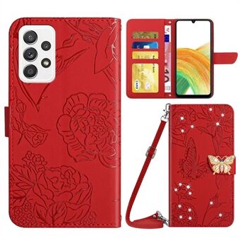 Samsung Galaxy A33 5G Skin-Touch -puhelinkotelolle Butterfly Flowers Painettu tekojalokivikoristelu puhelimen lompakon Stand olkahihnalla