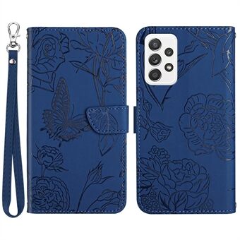 Butterfly Flower -painettu puhelimen kansi Samsung Galaxy A53 5G:lle, lompakkotoiminto Skin-touch PU-nahkainen Stand kuori käsihihnalla