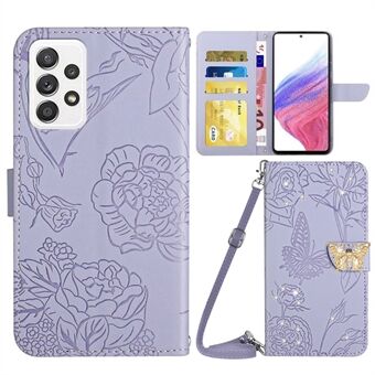 Samsung Galaxy A53 5G Iskunkestävälle puhelinkotelolle Butterfly Flowers Painettu tekojalokivikoristelu puhelimen lompakon Stand olkahihnalla