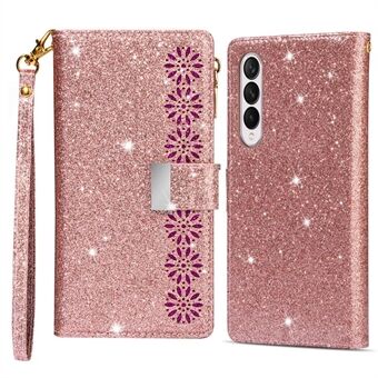 Samsung Galaxy Z Fold4 5G Style Bling Star Laser Workmanship Puhelimen suojapussi Vetoketjullinen Lompakkojalusta Stand estävä nahkainen puhelinkotelo hihnalla