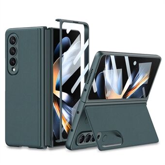 GKK Samsung Galaxy Z Fold4 5G Ultra-ohut Kickstand-puhelinkotelo Nahkapäällysteinen PC-suojus karkaistulla lasinäyttökalvolla