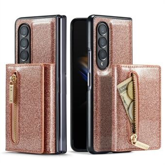 DG.MING M3 -sarja Samsung Galaxy Z Fold4 5G 2-in-1 Glitteri PU-nahkapäällysteinen PC+TPU-takakotelo Magneettinen irrotettava vetoketjullinen Lompakon iskunkestävä puhelimen kansi jalustalla