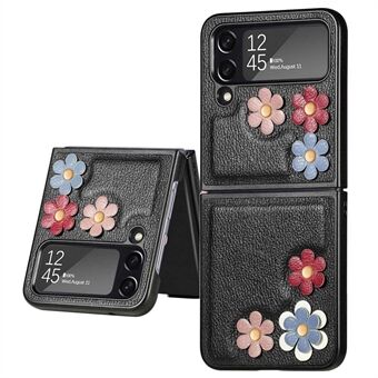 Samsung Galaxy Z Flip4 5G Flower Decor -puhelinkotelolle, PU-nahkapäällysteinen PC-suojakuori