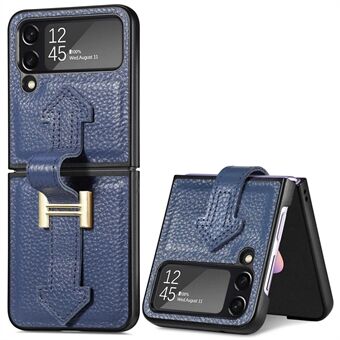 Samsung Galaxy Z Flip4 5G Iskunkestävälle Litchi Texture -puhelinkotelolle Kickstand aitoa nahkaa päällystetty kova PC-kansi Taitettava puhelimen kuori