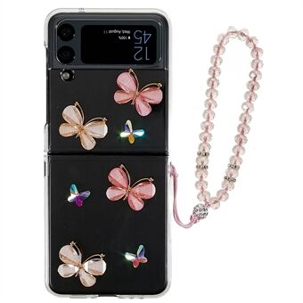 Samsung Galaxy Z Flip4 5G Butterflies tekojalokivi Shiny takakuori Iskunkestävä kova PC taitettava puhelimen kansi rannekorulla