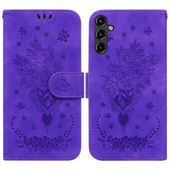 Samsung Galaxy A14 5G PU-nahkaiselle lompakkopuhelinkotelolle Rose Butterfly -painettu magneettikiinnitys Stand foliokansi hihnalla