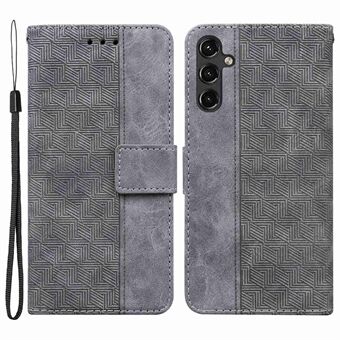 Samsung Galaxy A14 5G geometriakuviolle painettu Stand puhelinkotelo PU-nahka + TPU-suojus hihnalla