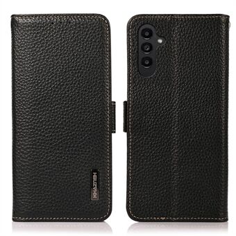 KHAZNEH Samsung Galaxy A14 5G / A14 4G kaksoismagneettilukko RFID-esto putoamisen estävä puhelinkotelo Litchi Texture aitoa nahkaa Stand Lompakon suoja