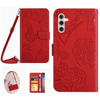 Samsung Galaxy A14 5G HT03:lle painettu Butterfly Flowers PU-nahkainen lompakkokotelo Stand Magneettisesti suljettava puhelimen kansi olkahihnalla