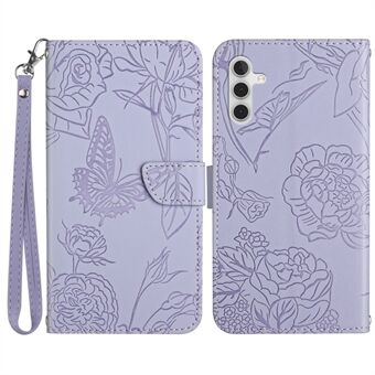 Samsung Galaxy A14 5G HT03:lle painettu Butterfly Flowers -lompakkopuhelinkotelo Ihokosketus PU-nahkainen magneettikiinnitys käsilaukun käännettävä Stand suojus hihnalla