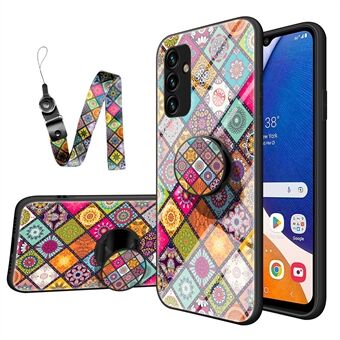 Samsung Galaxy A14 5G Flower Pattern Design -puhelinkotelolle PC + TPU + karkaistu lasi, iskunkestävä suojajalusta ja kaulanauha