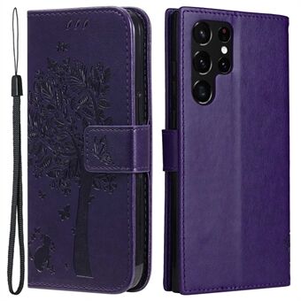 KT Imprinting Flower Series-3 Samsung Galaxy S23 Ultra PU -nahkainen puhelimen kansi painettu kissanpuukuvioinen Stand Magneettinen suojakotelo hihnalla