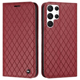 Samsung Galaxy S23 Ultra Rhombus -kohokuviointi Litchi Texture PU Nahka RFID estokotelo Teline Stand Magneettisesti suljettava puhelimen kansi