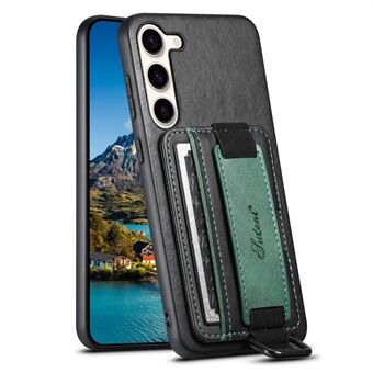 SUTENI H13 Kickstand takakuori Samsung Galaxy S23:lle, jossa käsihihna, korttipidike Nahkapäällysteinen PC+TPU-puhelimen kansi