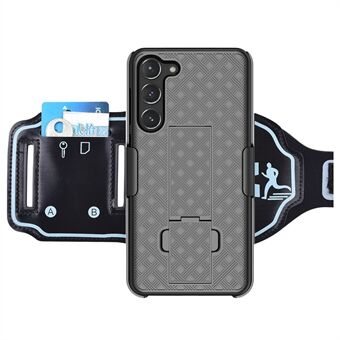 Samsung Galaxy S23 Phone Kickstand Case Korttitelineen Kova PC-suojus Nylon Sport Käsivarsinauhalla