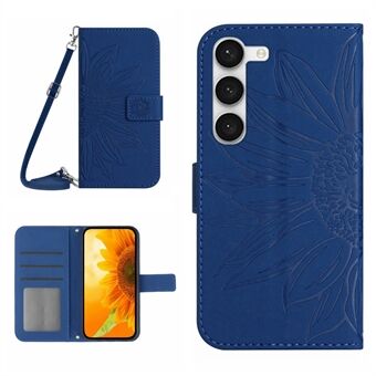 Samsung Galaxy S23+ HT04:lle painettu auringonkukka PU-nahkakotelo Stand Skin Touch -puhelimen suojus olkahihnalla