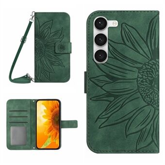 Samsung Galaxy S23+ HT04:lle painettu auringonkukka PU-nahkakotelo Stand Skin Touch -puhelimen suojus olkahihnalla