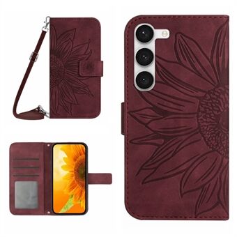 Samsung Galaxy S23+ HT04:lle painettu auringonkukka PU-nahkakotelo Stand Skin Touch -puhelimen suojus olkahihnalla