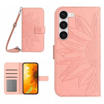 Samsung Galaxy S23+ HT04:lle painettu auringonkukka PU-nahkakotelo Stand Skin Touch -puhelimen suojus olkahihnalla