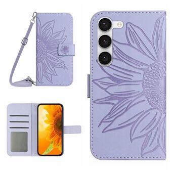 Samsung Galaxy S23+ HT04:lle painettu auringonkukka PU-nahkakotelo Stand Skin Touch -puhelimen suojus olkahihnalla