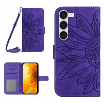 Samsung Galaxy S23+ HT04:lle painettu auringonkukka PU-nahkakotelo Stand Skin Touch -puhelimen suojus olkahihnalla