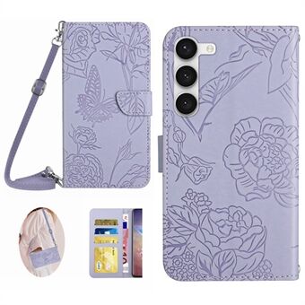 Samsung Galaxy S23+ HT03 Skin-touch PU-nahkainen lompakko Puhelinkotelo Butterfly Flowers Painettu Stand Magneettinen folio kansi olkahihnalla