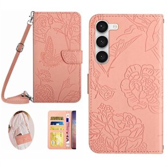 Samsung Galaxy S23+ HT03 Skin-touch PU-nahkainen lompakko Puhelinkotelo Butterfly Flowers Painettu Stand Magneettinen folio kansi olkahihnalla