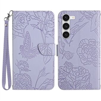 Samsung Galaxy S23+ HT03:lle painettu Butterfly Flowers -lompakkokotelo Skin-touch PU-nahkainen magneettinen Stand puhelimen suojus hihnalla