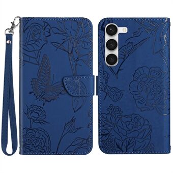 Samsung Galaxy S23+ HT03:lle painettu Butterfly Flowers -lompakkokotelo Skin-touch PU-nahkainen magneettinen Stand puhelimen suojus hihnalla