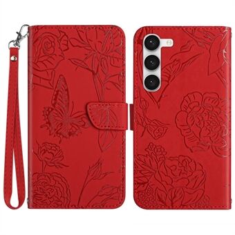 Samsung Galaxy S23+ HT03:lle painettu Butterfly Flowers -lompakkokotelo Skin-touch PU-nahkainen magneettinen Stand puhelimen suojus hihnalla