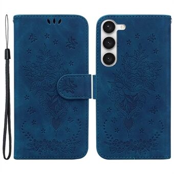 Samsung Galaxy S23+ PU-nahkaiselle lompakkopuhelimen kotelolle painettu Rose Butterfly Stand Magneettisesti suljettava putoamisen estävä suojus hihnalla