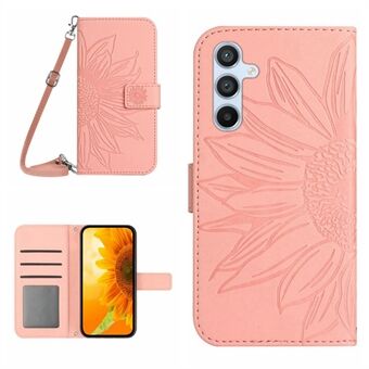 Samsung Galaxy A54 5G HT04 Auringonkukkapainettu PU-nahkainen Stand Teline Toiminto Flip Ihokosketus suojaava puhelimen suojus olkahihnalla