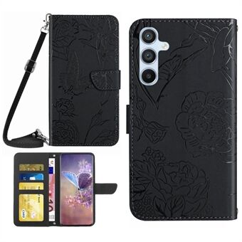 Samsung Galaxy A54 5G HT03 Butterfly Flowers painettu lompakkopuhelinkotelo Skin-touch PU-nahkainen Flip Folio Stand Magneettinen kansi olkahihnalla