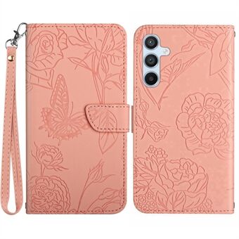 Samsung Galaxy A54 5G HT03:lle painettu Butterfly Flowers PU-nahkainen foliopäällinen Ihokosketusmagneettinen käännettävä Stand suojus käsihihnalla