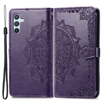 Samsung Galaxy A54 5G -kohokuvioidulle Mandala-kuvioiselle PU-nahkaiselle Stand magneettikiinnike lompakkosuoja hihnalla