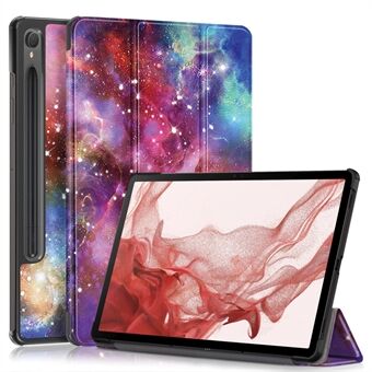 Samsung Galaxy Tab S9 11 tuuman SM-X710, SM-X716B, SM-X718U -mallille tarkoitettu kuviollinen nahkainen tablettikotelo, jossa on kolmikerroksinen taittojalka ja älykäs kansi.