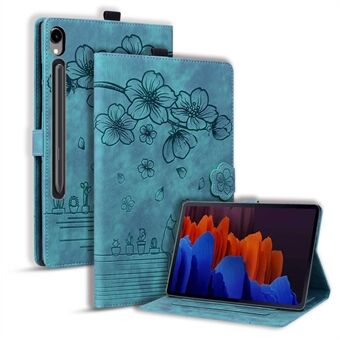 Samsung Galaxy Tab S9 -korttipidikkeellä varustettu nahkainen pudotuksia estävä suojakuori, kukka-kuvioinen kissajäljennöksellä varustettu tablettiteline