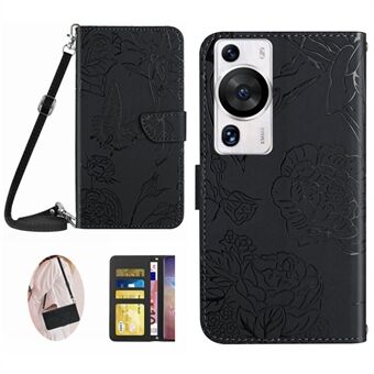 HT03 puhelinkotelo Huawei P60 / P60 Pro Wallet PU- Stand Butterfly Flowers Painettu kansi olkahihnalla