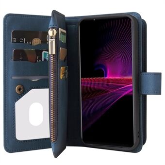 Sony Xperia 1 III 5G Practical KT: lle Monitoiminen Series-2 Useita korttipaikkoja Design TPU+PU Nahkainen Stand kotelo rannehihnalla ja vetoketjutaskulla