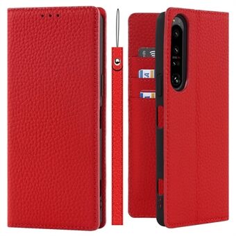 Sony Xperia 1 IV 5G:lle täysin peittävä Litchi Texture -puhelimen kotelo aitoa nahkaa Stand Putoamista estävä suojakotelo rannehihnalla