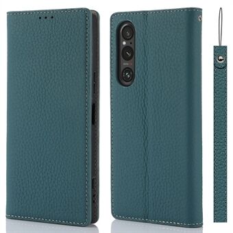 Sony Xperia 1 V Litchi Texture -puhelimelle aito lehmännahkainen puhelinkotelo Stand Lompakon läppäsuojus hihnalla