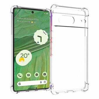 Google Pixel 7 5G -puhelimen Soft TPU -materiaalista valmistettu läpinäkyvä puhelinkotelo. Neljä kulmaa iskunkestävää ja liukumaton takakantta.