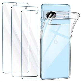 Google Pixel 7a:n TPU-kotelo läpinäkyvällä puhelinsuojalla, jossa on 3 kpl 2.5D kaarevalla reunalla varustettua karkaistua lasisuojaa.